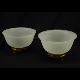 Pair of Chinese White Peking Glass Bowls on Wood Bases