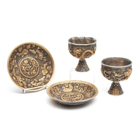 Tibetan Gilt Silver Alloy Butter Lamps and Plates