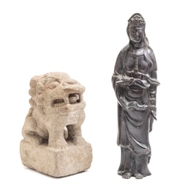 Chinese Bronze Guan Yin and Sandstone Foo Dog