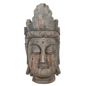 A Large Chinese Carved Wood Guanyin Head