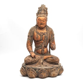 A Large Chinese Carved Wooden Statue of Guanyin
