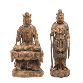 Group of Two Chinese Carved Wooden Buddha Statues.