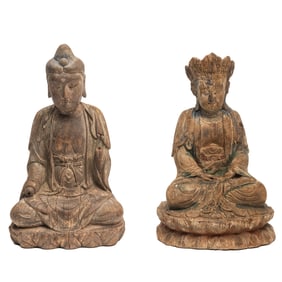 Two Chinese Carved Wood Seated Statues of Buddha