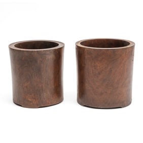 Group of Two Chinese Carved Wood Brush Holders