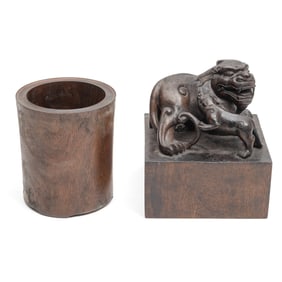 A Chinese Carved Wooden Seal and a Brush Holder