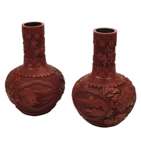 Pair of Large Chinese Cinnabar Vases