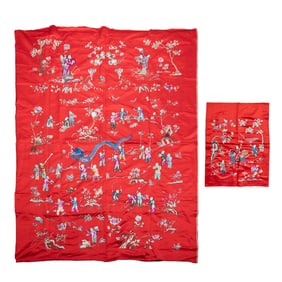 Two Chinese Red Ground Silk Embroidered Panels
