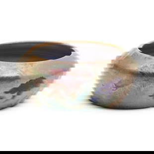 Clement Massier Iridescent Pottery Bowl: Clement Massier Iridescent Pottery Bowl. Short round bowl with wide mouth, inverted rim, high shoulder tapering to round foot; the iridescent glaze with green, purple, yellow, blue, and brown tones. I