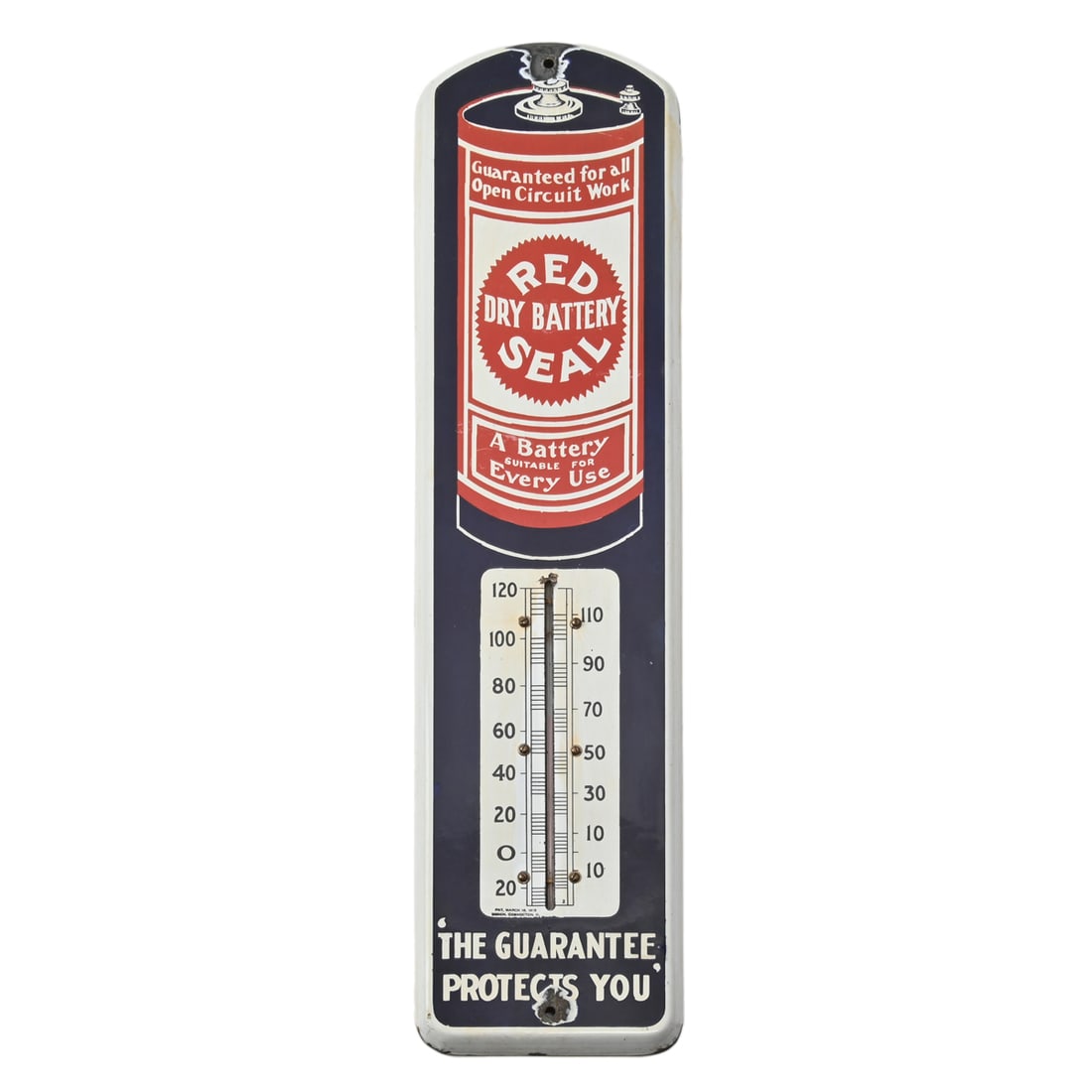 Red Dry Battery Seal Porcelain Advertising Thermometer: Red Dry Battery Seal Vintage Porcelain Advertising Thermometer Sign. SSP thermometer; reads "Guaranteed for all Open Circuit Work / RED DRY BATTERY SEAL / A Battery SUITABLE FOR Every Use / THE GUARAN