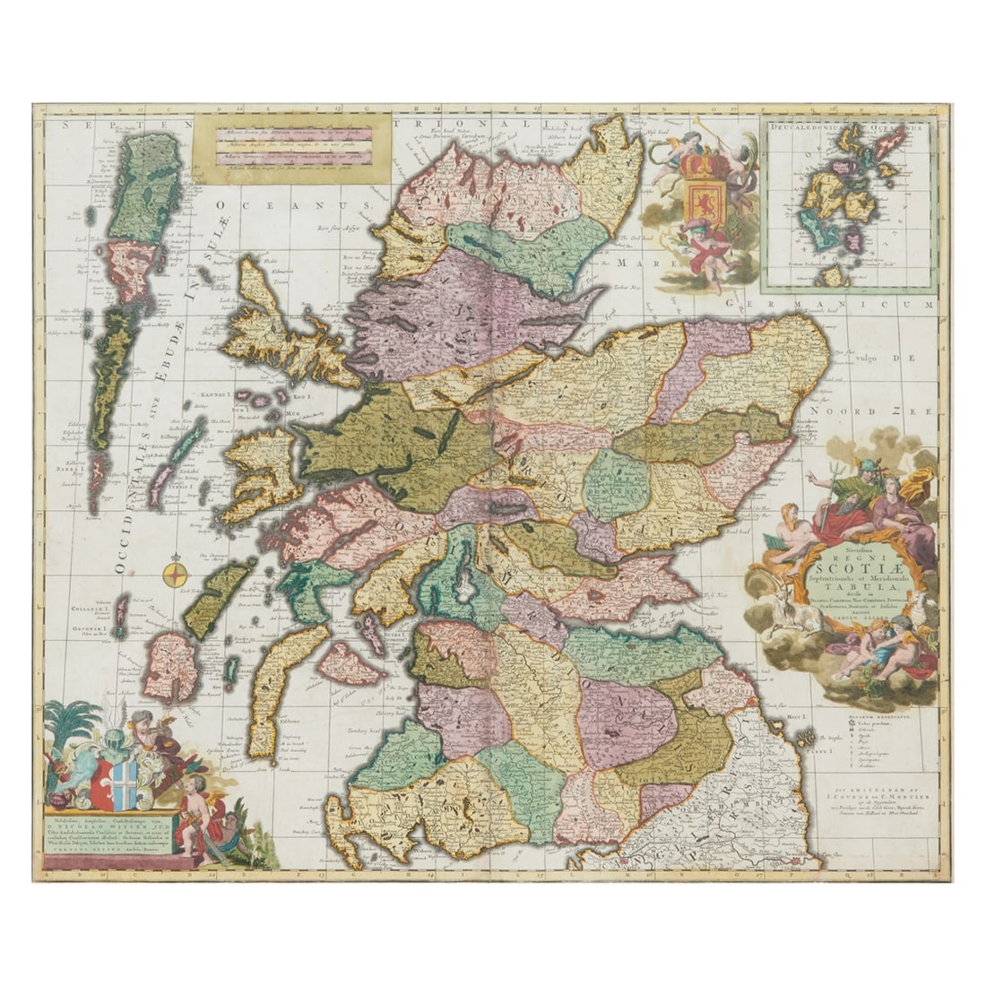 Carel Allard Map of Scotland, Covens & Mortier Edition: Antique Carel Allard Map of Scotland, Covens & Mortier Edition. Carel Allard (Dutch, 1648-1709); hand-colored map in parcel gilt frame The right side with "Novissima REGNI SCOTIAE Septentionalis et Me