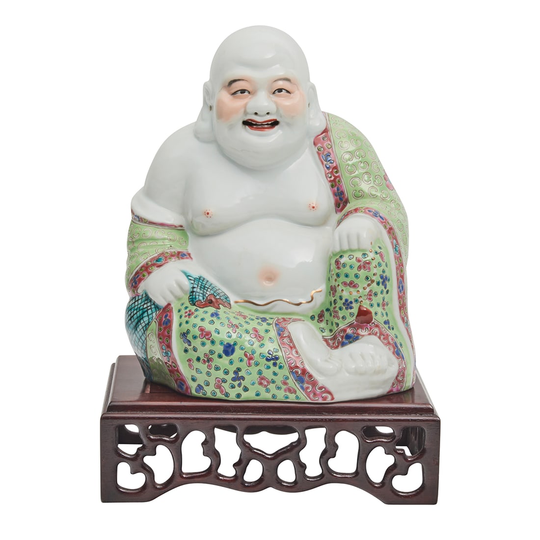 Chinese Famille Rose Porcelain Seated Buddha: A Chinese Famille Rose Porcelain Seated Buddha on Base. The laughing seated figure wearing a lime green ground robe detailed with floral decoration and auspicious characters. He holds a cloth sack in 
