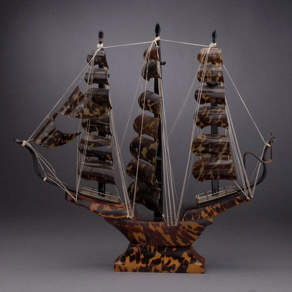 Marine Shell Model of a Galleon: Marine Shell Model of a Galleon. The three mast boat raised on a square base. Height 15 1/2 inches (39 cm)