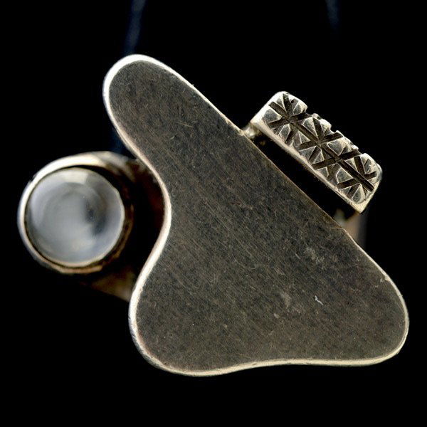 Arnold Frew Ring: Arnold Frew Ring. Circa 1949/1950, sterling with moonstone. Signed. Los Angeles jeweler, retrospective at the Norton Simon Museum in 1965.