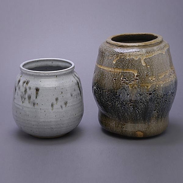 Two Ceramic Sheldon Kaganoff Vases: Two Ceramic Sheldon Kaganoff Vases. Dimensions: 7 x 7 inches and 9 x 12 inches. The hand thrown vases are from the collection of Edith Heath of Heath Ceramics.