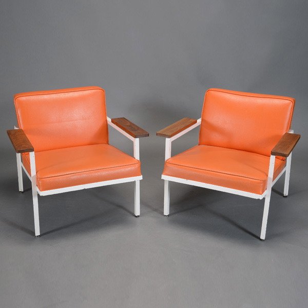 George Nelson Steel Frame Chairs: George Nelson Steel Frame Chairs. Made for Herman Miller, iron frame with wood arm rests.