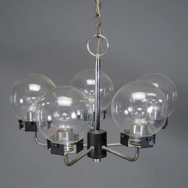 Robert Sonneman Chandelier: Robert Sonneman Chandelier. Glass balls on black and chrome arms, 1950s vintage.