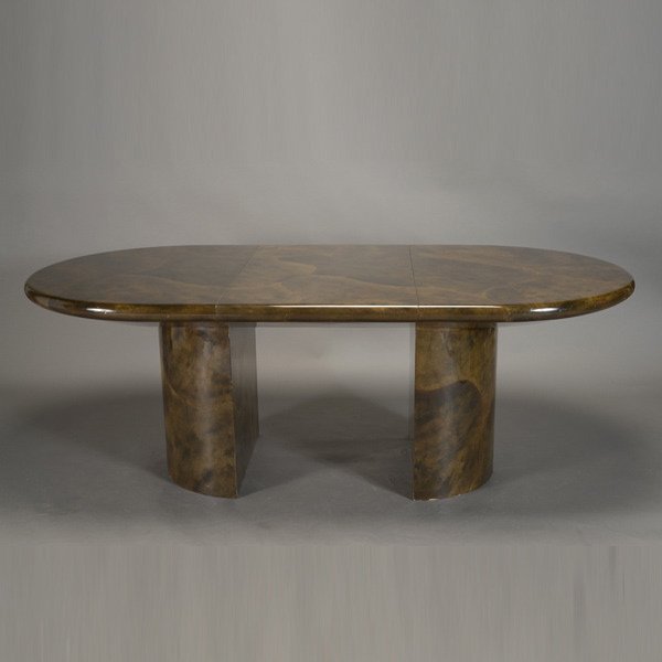 Karl Springer Atribution Dining Table: Karl Springer Atribution Dining Table. With demi-lune pedestals, 5 inch deep bevel oval top in original goat skin leather finish with two 22 inch leaves, unmarked. Dimensions: 29 x 96 x 42 inches.