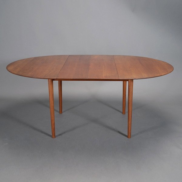 Dining Table, Peter Hvidt & Orla Molgaard Nielson: Dining Table Designed by Peter Hvidt and Orla Molgaard Nielson. Danish Modern, manufactured by Soburg. Dimensions: one leaf measures 24 x 48 inches, table 49 inches in width, 45.5 inches in depth, 28.