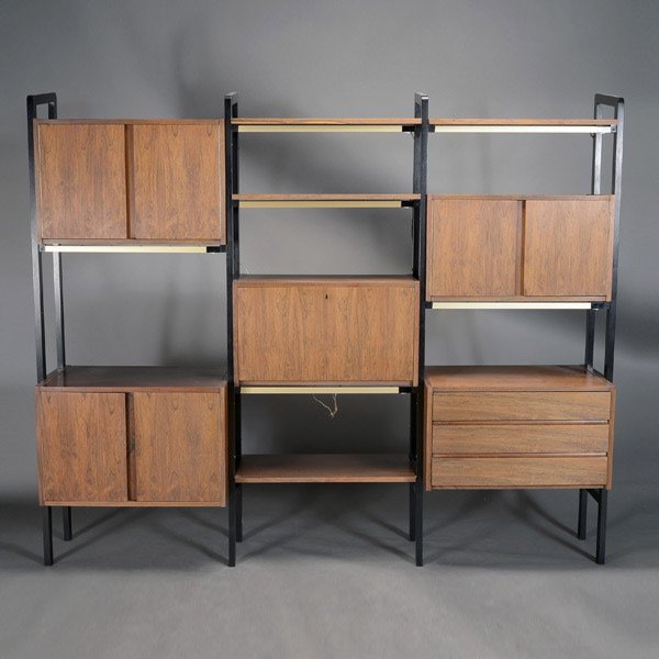 Danish Modern Wall Unit in Rosewood & Black Laque: Danish Modern Wall Unit in Rosewood and Black Laqueur. Free standing storage unit with three two door cabnets, one three drawer cabinet and four shelves. Dimensions: 6 feet high, 87 inches in width, 1