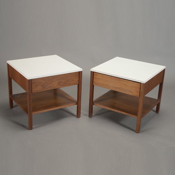 Pair of White Formica Topped Side Tables: Pair of White Formica Topped Side Tables. Knoll end tables designed by Richard Shultz.