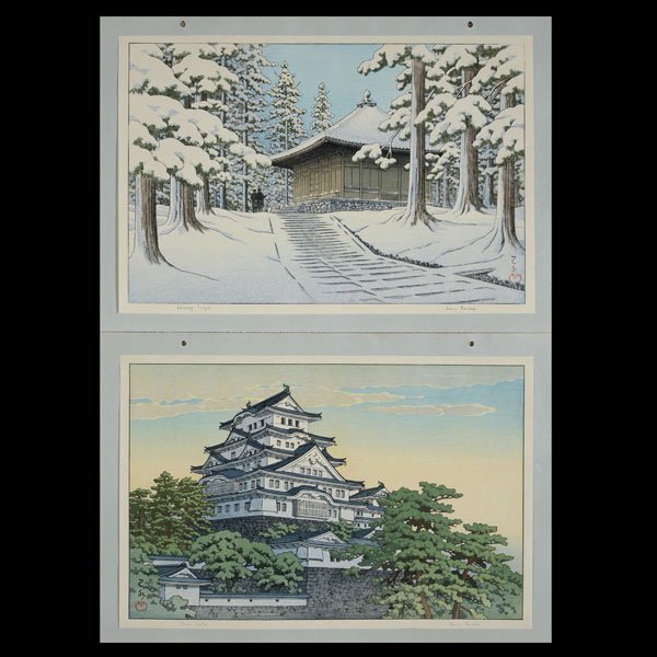 Kawase Hasui (1883-1957): Two Woodblock Prints: Kawase Hasui (1883-1957): Two Woodblock Prints, The first print titled 'Himeji Castle'; the second print titled 'Chusonji Temple'; with the artist's name and title printed in English to the bottom mar