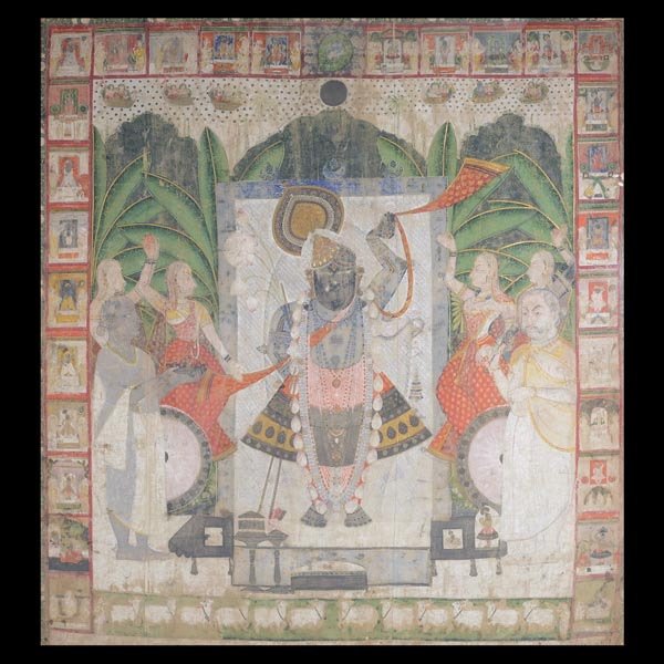A Massive Indian Painting: A Massive Indian Painting, Painted with polychrome pigments depicting an ornately dressed figures flanked by additional figures within a garden courtyard, framed by rectangular figural reserves, the b