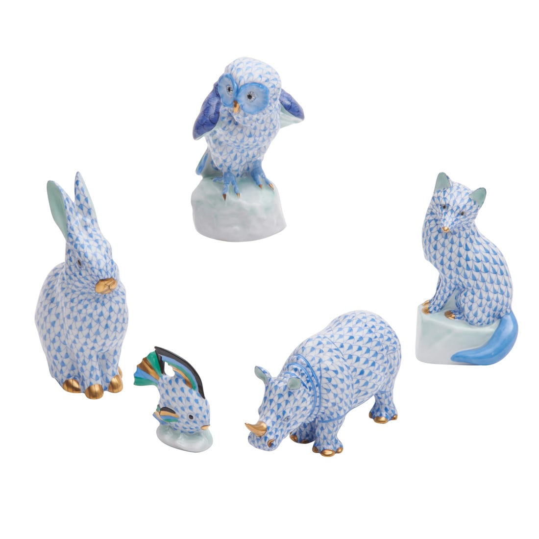 Five Herend Porcelain Blue Fishnet Animal Figures (1 of 5)