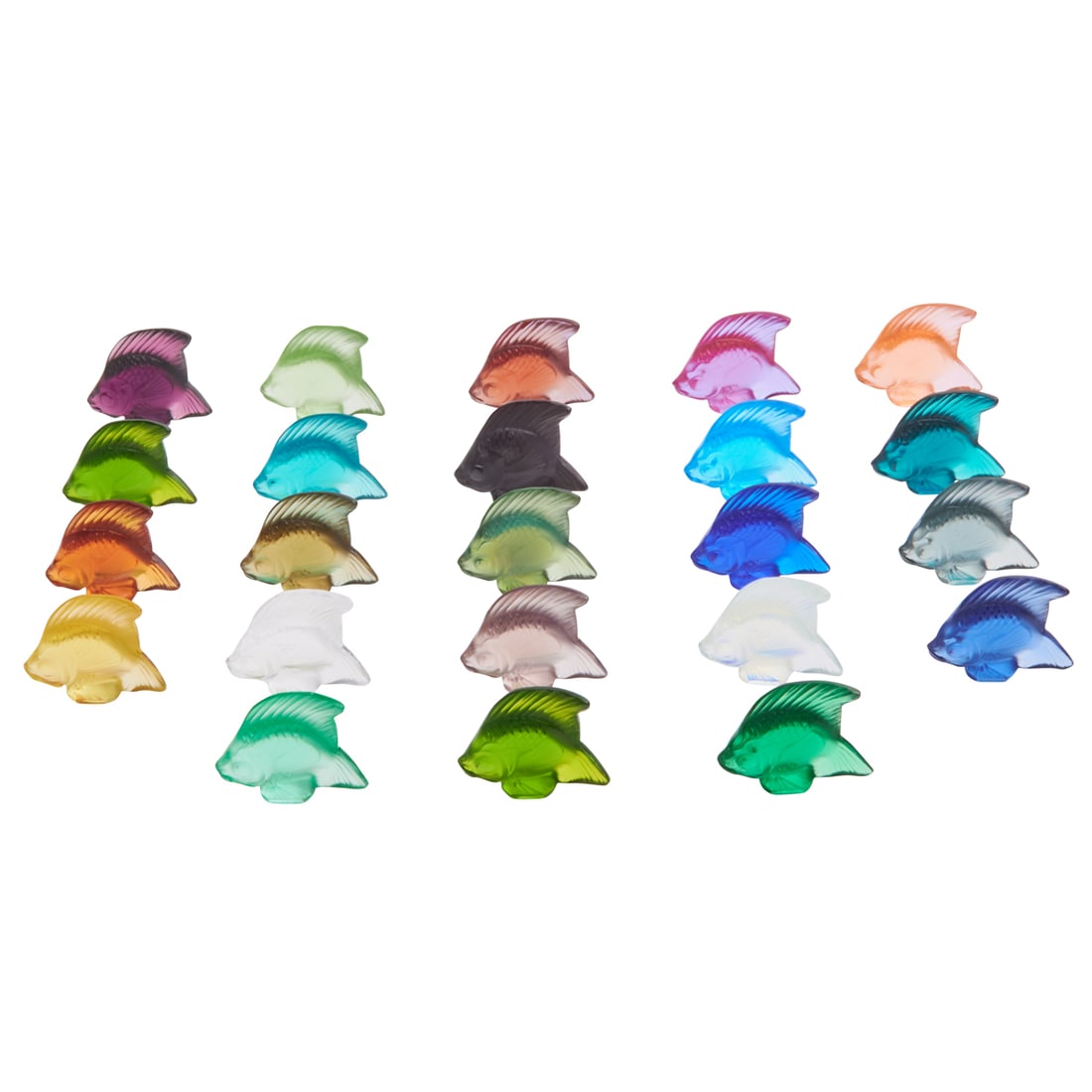 Collection of Lalique Colored Glass Fish: Collection of Lalique Colored Glass Fish. Comprising 23 fish total, one repeat example. All with incised marks to bases. {Approximate dimensions: Each fish 1 3/4" high.}. Condition: Some with hard adh