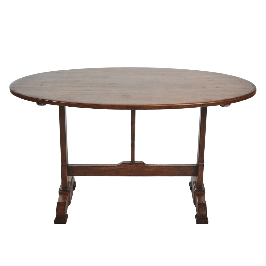 French Provincial Fruitwood Wine Tasting Table: French Provincial Fruitwood Wine Tasting Table Table a Testevin, with oval top and trestle base. {Approximate dimensions: 28 1/2" high x 52 1/4" wide x 34 3/8" deep.}. Condition: Some surface wear thr