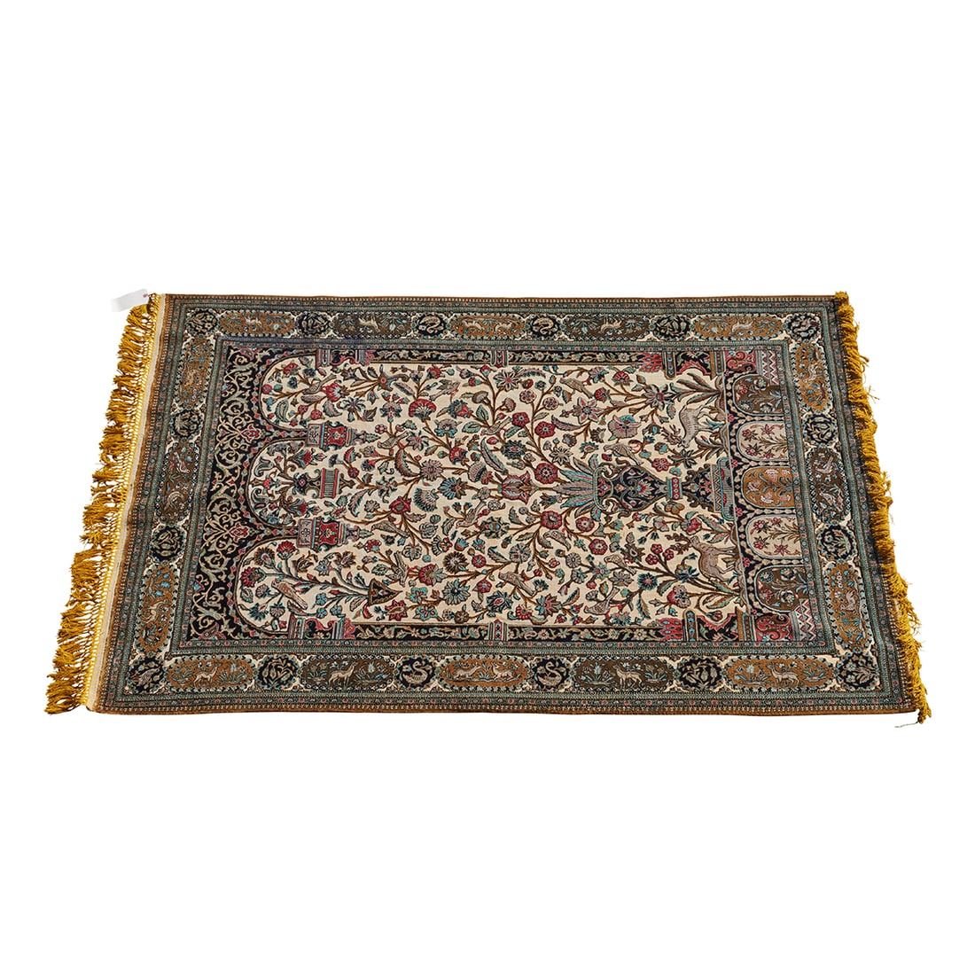 Persian Voided Silk and Cotton Pictorial Rug: Persian Voided Silk and Cotton Pictorial Rug. The main ground with urn issuing various flowers with animals throughout, animal motif continued to main border, gold fringe. {Approximate dimensions: 7'6