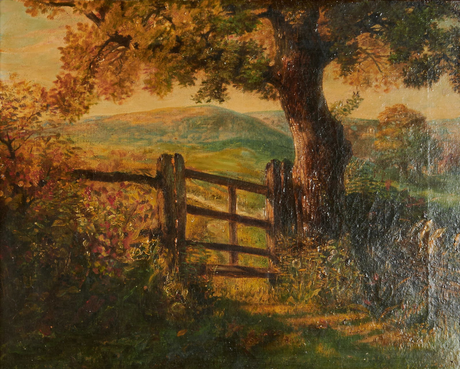John Wright Oakes, The Footpath Gate, oil: JOHN WRIGHT OAKES (British, 1820-1887), "The Footpath Gate," oil on canvas, (approximate dimensions - sight: 15-14/ x 19-3/4 inches, canvas: 16 x 20 inches), signed lower right; titled and named writt