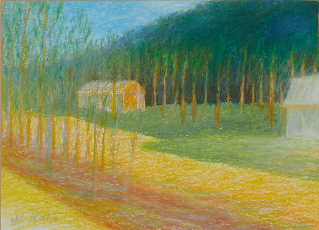 Style of Wolf Kahn, Landscape, pastel on paper: Style of WOLF KAHN (American/NY, 1927-2020), Landscape, pastel on paper, (approximate dimensions - sight: 10-1/2 x 14-1/2 inches, sheet: 12 x 18 inches); signed lower left. Condition: Dust, overall go