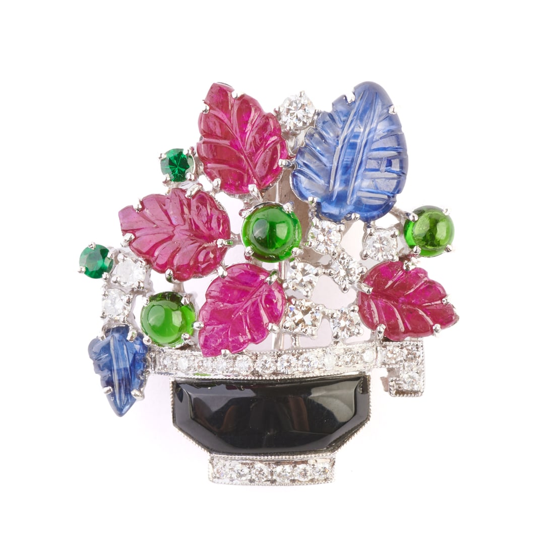 Multi-Stone, 18k White Gold Flower Basket Brooch. (1 of 2)