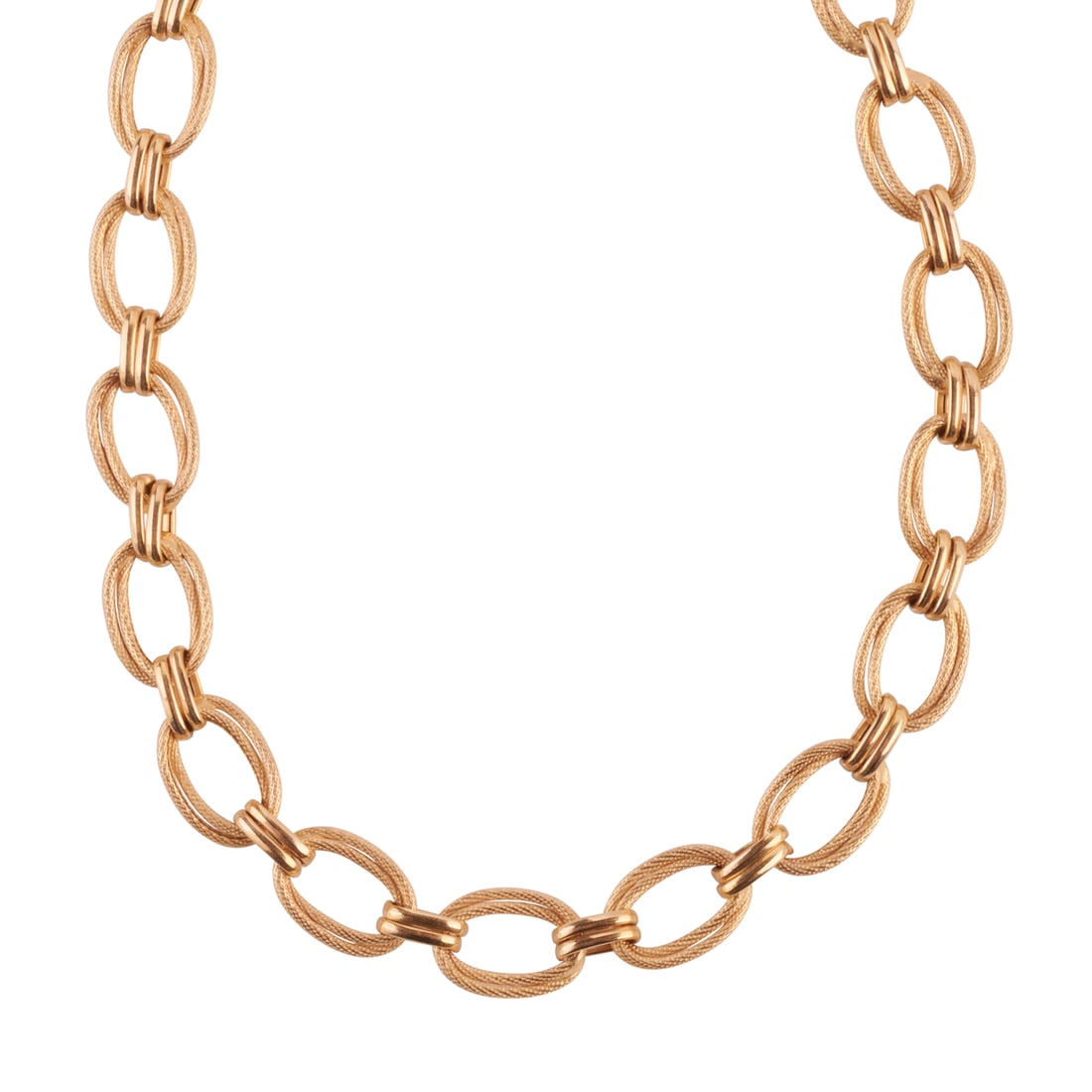 14k Yellow Gold Necklace.: 14k Yellow Gold Necklace. The 14k yellow gold fancy open oval link measuring approximately 8 mm in width, completed by a lobster claw clasp, forming a 17 inch necklace. {Gross Weight: 6.3 dwts}