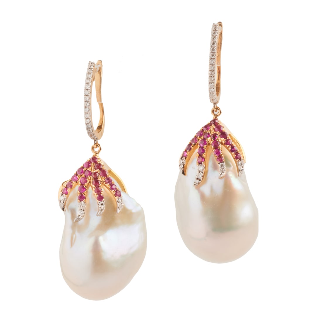 Baroque Cultured Pearl, Sapphire, Diamond, Earrings. (1 of 4)