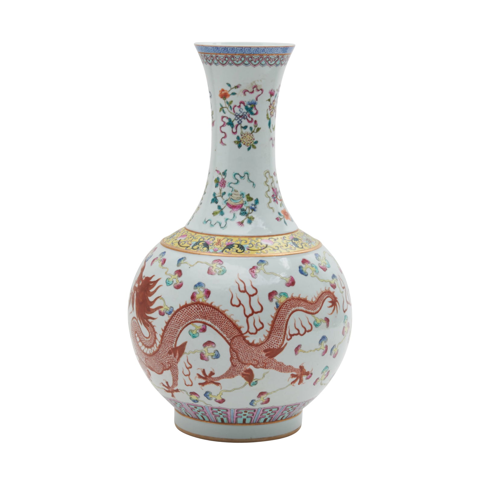 Chinese Famille Rose Porcelain Dragon and Phoenix Vase: A Chinese Famille Rose Porcelain Dragon and Phoenix Vase. The bottle vase with a long flaring neck enameled with eight Buddhist treasure symbols 'Bajixian' motifs, the shoulder with a band of leafy vi