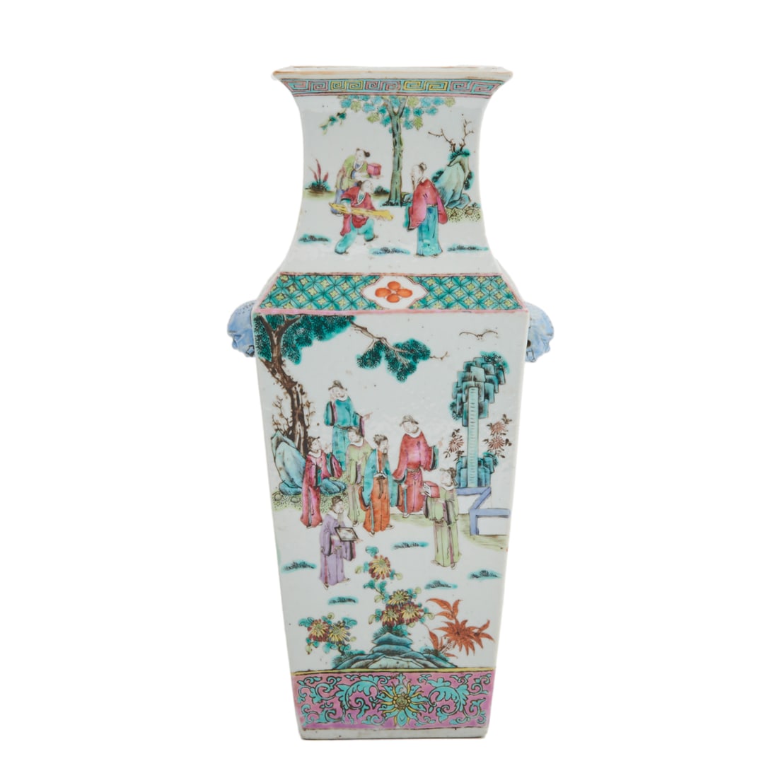 Chinese Famille Verte Porcelain Square Form Figure Vase: A Chinese Famille Verte Porcelain Square Form Figure Vase. Heavily potted, each exterior wall finely enameled depicting scholars accompanied by young boy attendants enjoying a retreat in a tranquil la
