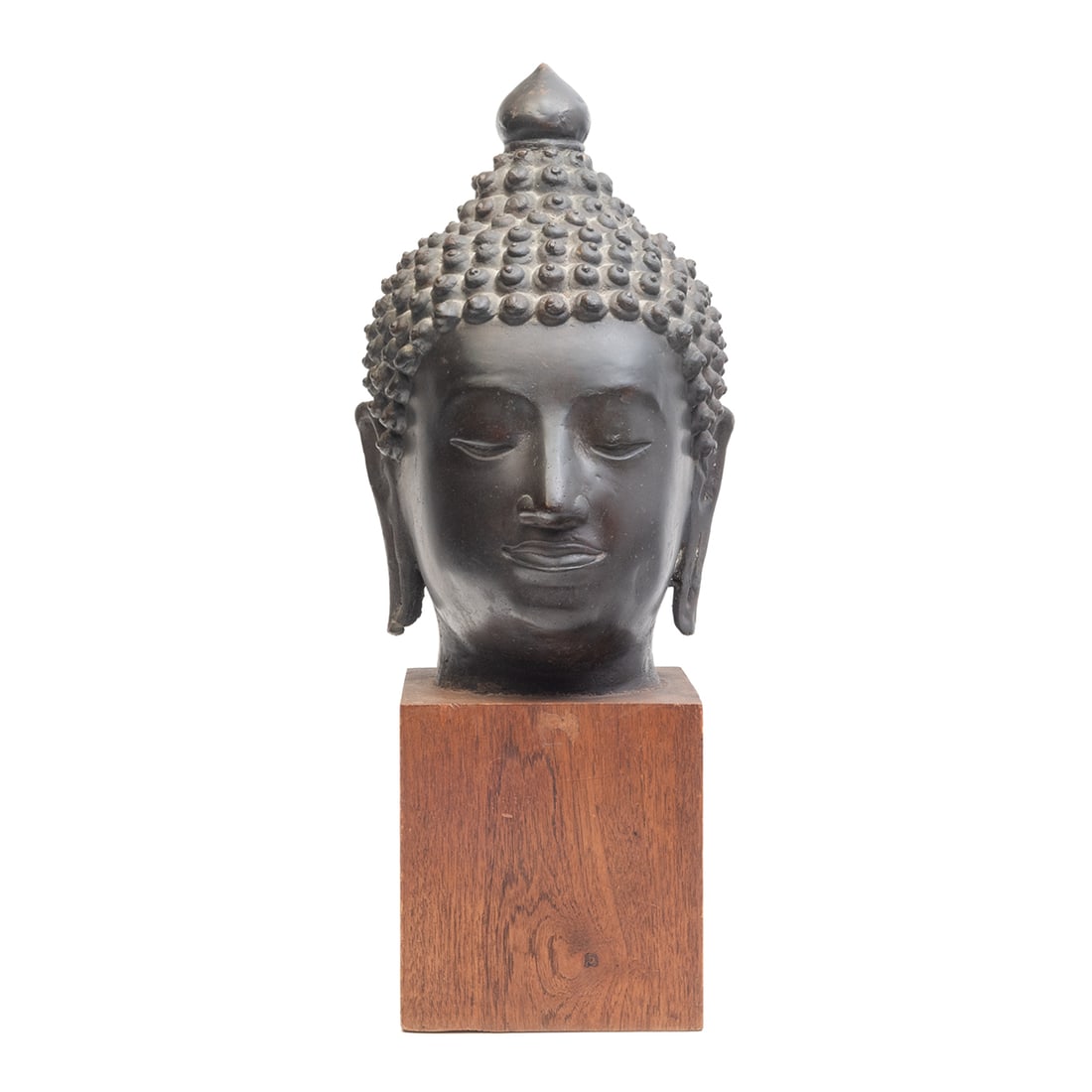 A Large Thai Bronze Buddha Head on Wooden Base (1 of 3)