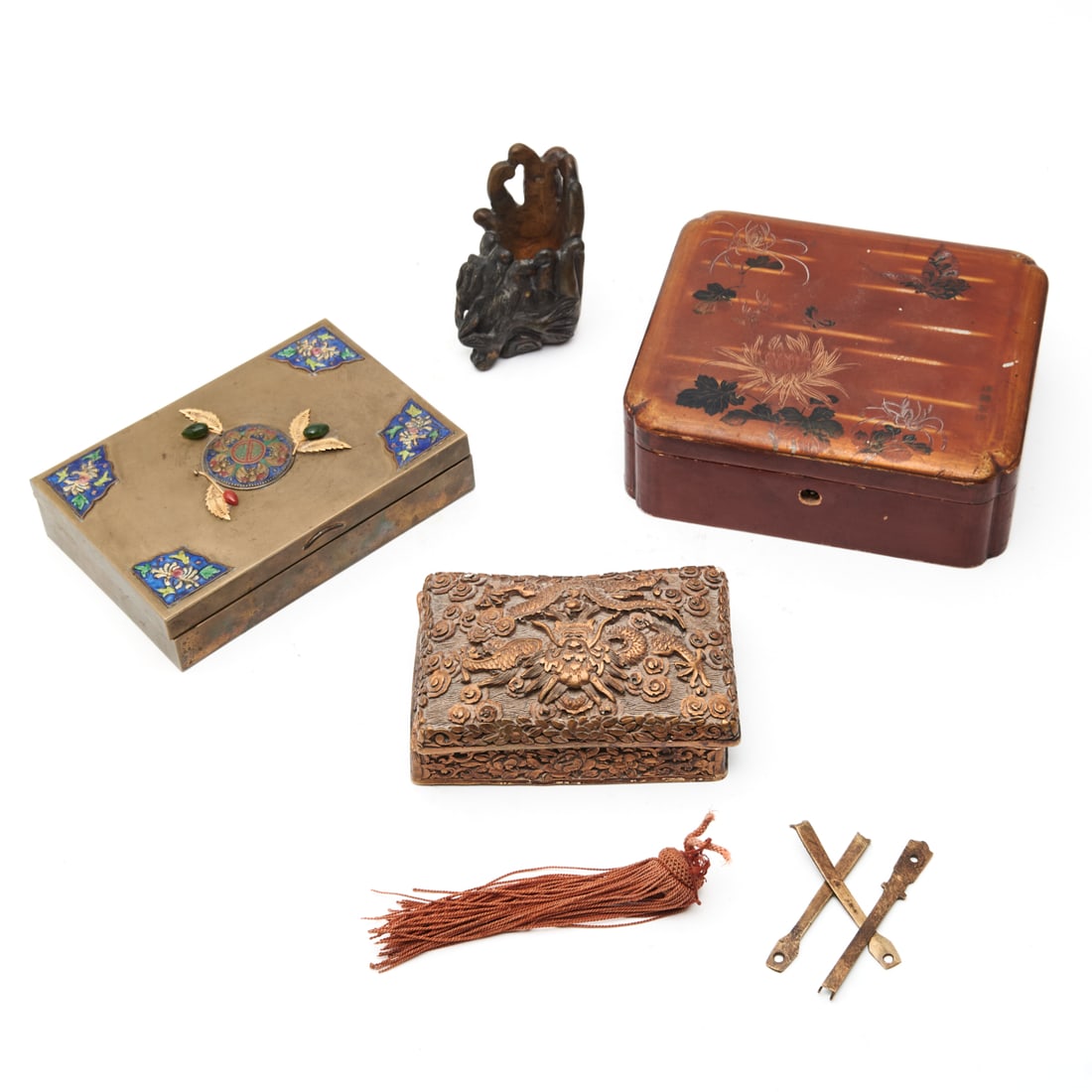 Two Lacquer Boxes and a Hand Form Vase (1 of 4)