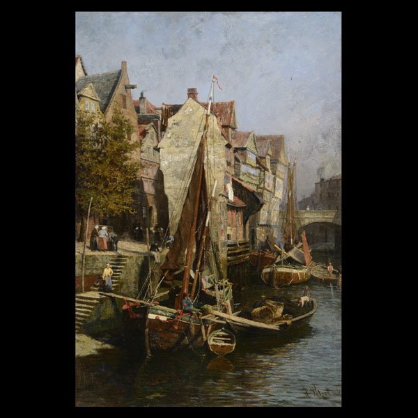 HERMANN PETZET "Canal Scene, 1886" Oil : HERMANN PETZET (German 1860-1935) "Canal Scene, 1886" Oil on canvas laid to wood. 25 x 17 inches/ 63.5 x 43.2 centimeters. Signed & dated lower right "H. Petzet, 1886" Frame: 28.5 x 20.5 inches/ 72.5 