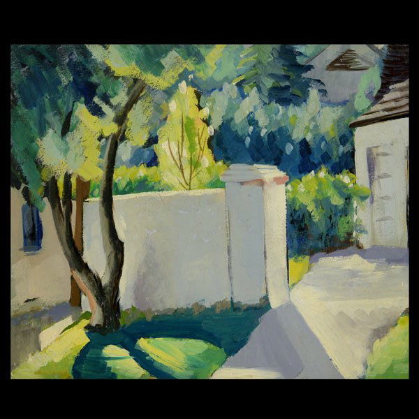 Circle of Guy Du Bois "Walkway" Oil: Circle of GUY PENE DU BOIS (French 1884-1958) "Walkway" Oil on press board. 8 x 9.25 inches/ 20.4 x 23.5 centimeters. Verso: Stamped lower left "Estate of Roul Pene du Bois, American (1911 - 1985) Con