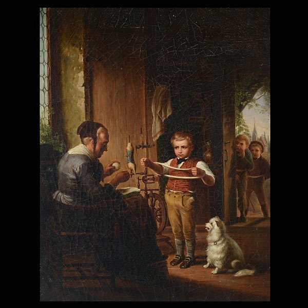 020A: Continental School "Helping with the Yarn" Oil: Continental School (Late 19th/ Early 20th Century) "Helping Roll the Yarn" Oil on press board. 19 x 15inches/ 48.2 x 38.1 centimeters. Frame: 25.5 x 22 inches/ 64.7 x 55.8 centimeters.