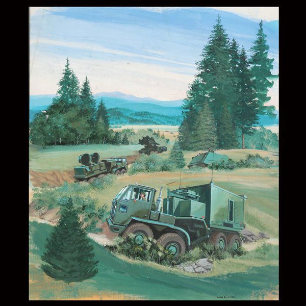 DAVID ROWLANDS "Military Caravan Moving In": DAVID ROWLANDS (British 20th Century) "Military Caravan Moving In" Oil on board. 24 x 20.25 inches/ 61 x 51.5 centimeters. Signed lower right "David Rowlands" Frame: 32.25 x 28 inches/ 82 x 71 centime