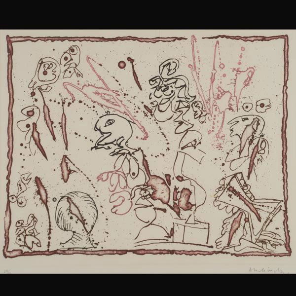 Pierre Alechinsky "Abstract Comp" Etching: PIERRE ALECHINSKY (Belgium b. 1927) "Abstract Composition" Etching on paper. Plate: 15.25 x 19 inches/ 38.7 x 48.2 centimeters. Signed lower right "Alechinsky"Numbered lower left "25/54" Frame: 24 x 2