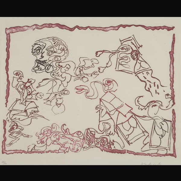 Pierre Alechinsky "Abstract Comp." Etching: PIERRE ALECHINSKY (Belgium b. 1927) "Abstract Composition" Etching on paper. Plate: 15.25 x 19 inches/ 38.7 x 48.2 centimeters. Signed lower right "Alechinsky"Numbered lower left "25/54" Frame: 24 x 2