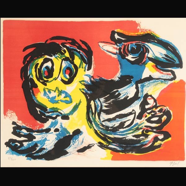 KAREL APPEL "Composition": KAREL APPEL (Dutch 1921-2006) "Composition" Lithograph on Arches paper. Image: 20 x 26 inches/ 50.8 x 66 centimeters. Signed in pencil lower right "Appel" Numbered lower left "83/200" Frame: 27.25 x 3