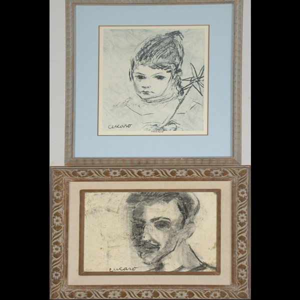 PASCAL CUCARO 2 works "Self Portrait & Angelique": PASCAL CUCARO (American 1915 - 2004) Two works: "Self Portrait" & "Angelique" Oil on canvas board; Offset lithograph on paper. 12 x 16 inches/ 30.5 x 40.7 centimeters.Plate: 15 x 12 inches/ 38.1 x 30.