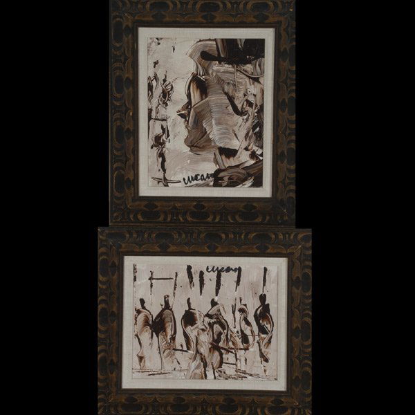 PASCAL CUCARO 2 works "Portrait & Bazar" Oil: PASCAL CUCARO (American 1915-2004) Two works: "Portrait of a Man" & "Bazaar" Oil on canvas. 10.25 x 8 inches/ 26 x 20.4 centimeters. 8 x 10.25 inches/ 20.4 x 26 centimeters. Each signed "Cucaro" Along