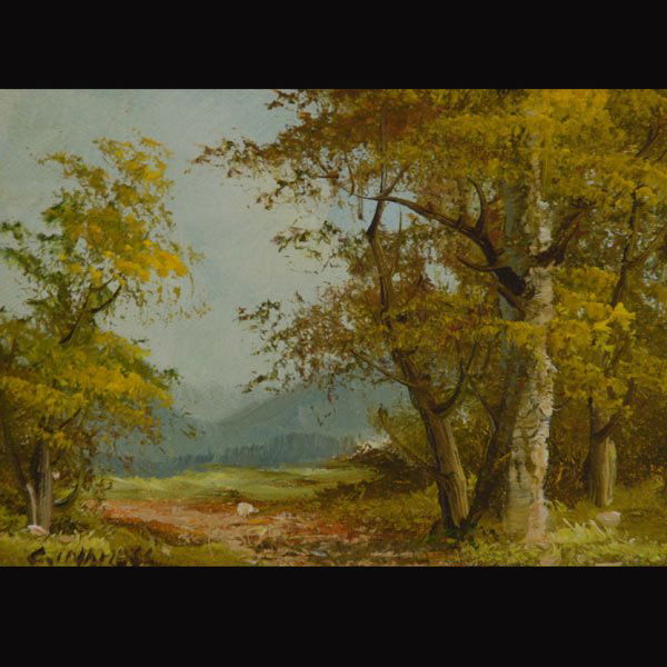 CLARA DAVIS INNESS "Into the Clearing": CLARA DAVIS INNESS (American 1874-1932) "Into the Clearing" Oil on canvas laid on board. 5 x 7 inches/ 12.2 x 17.8 centimeters. Signed lower left "C. Inness" Frame: 10 x 11.75 inches/ 25.4 x 30 centim