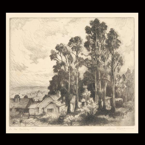 GENE KLOSS "In the Berkeley Hills": GENE KLOSS (American 1903-1996) "In the Berkeley Hills" Etching on paper. Plate: 7 x 8 inches/ 17.7 x 20.3 centimeters. Titled lower left "In the Berkeley Hills" Signed lower right "Gene Kloss" Frame:
